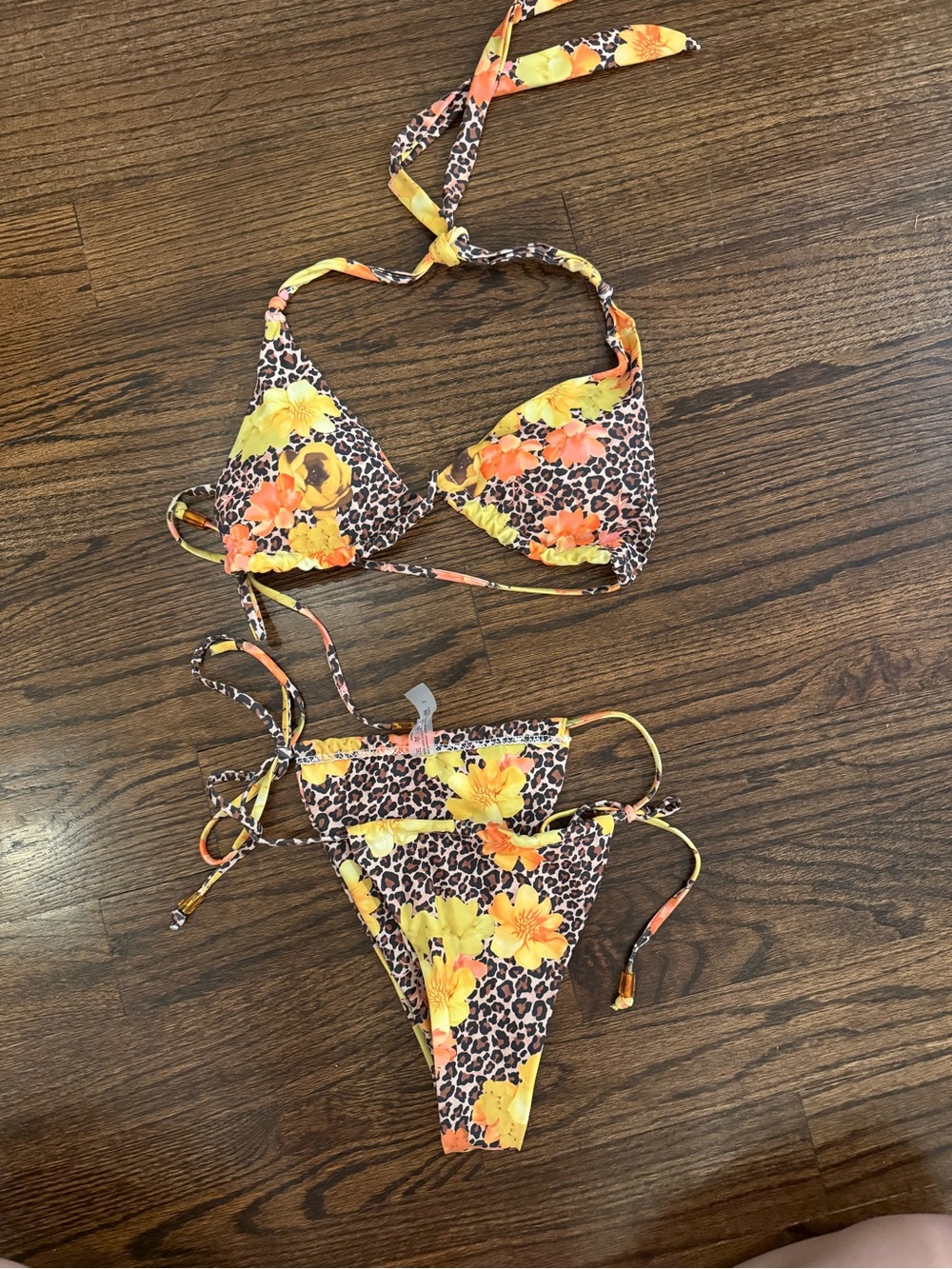 Floral & Leopard Print String Bikini - Yellow Orange